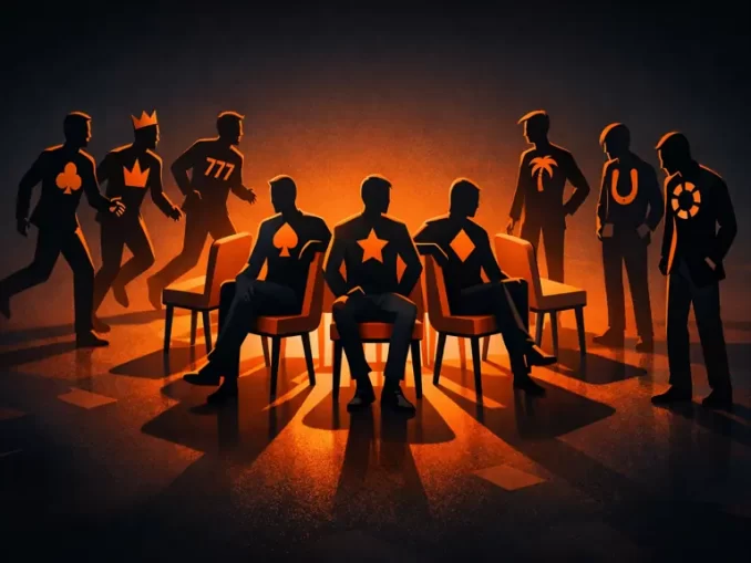 Illustrazione concettuale con uomini stilizzati che giocano alle sedie musicali in stile casinò, con pochi seduti e altri esclusi, a rappresentare la concentrazione del mercato