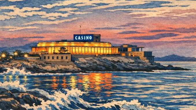Casinò Dragonara a Malta affacciato sul mare al tramonto con luci calde e onde in primo piano