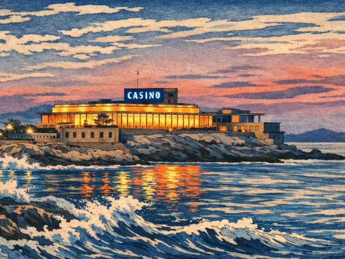 Casinò Dragonara a Malta affacciato sul mare al tramonto con luci calde e onde in primo piano