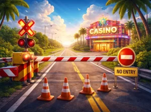 Passaggio a livello chiuso che blocca la strada verso un casinò illuminato in lontananza