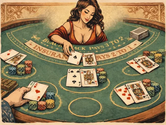 Croupier al tavolo da blackjack che distribuisce le carte