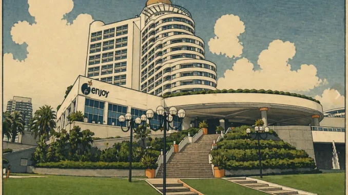 Ingresso del casinò Enjoy Punta del Este con hotel e giardino frontale