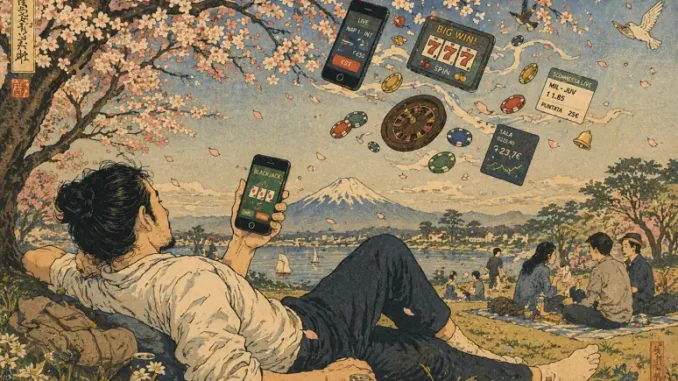 Uomo rilassato in un parco primaverile che usa lo smartphone con elementi di gioco online intorno