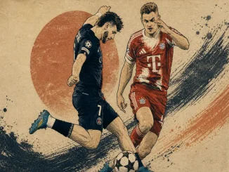 Duello tra PSG e Bayern Monaco in stile illustrato, azione intensa durante una semifinale di Champions League