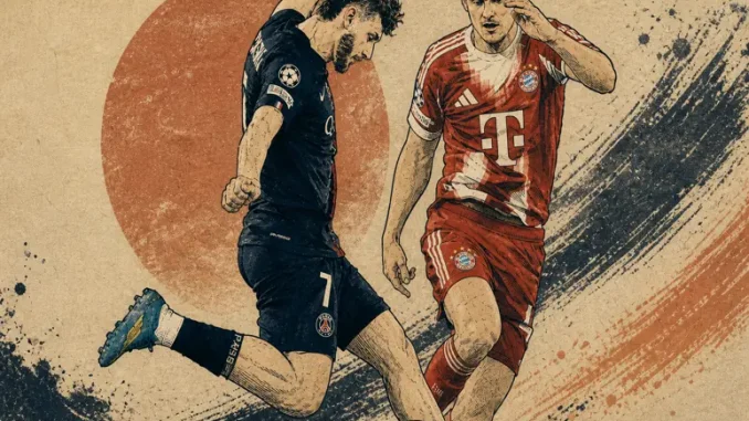 Duello tra PSG e Bayern Monaco in stile illustrato, azione intensa durante una semifinale di Champions League