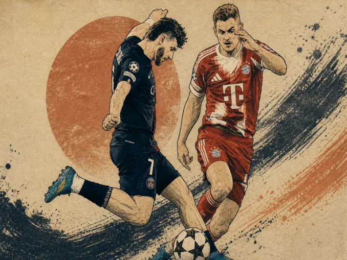 Duello tra PSG e Bayern Monaco in stile illustrato, azione intensa durante una semifinale di Champions League