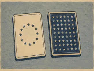 Due carte da gioco affiancate: una con stelle in cerchio (stile europeo), una con stelle in griglia (stile americano) — illustrazione stile xilografia