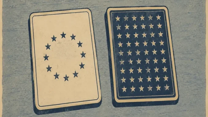 Due carte da gioco affiancate: una con stelle in cerchio (stile europeo), una con stelle in griglia (stile americano) — illustrazione stile xilografia