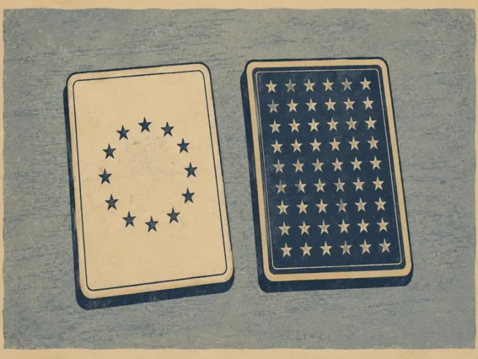 Due carte da gioco affiancate: una con stelle in cerchio (stile europeo), una con stelle in griglia (stile americano) — illustrazione stile xilografia