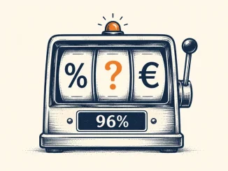 Slot machine stilizzata con rulli che mostrano i simboli percentuale, punto interrogativo ed euro, e display con scritta 96%