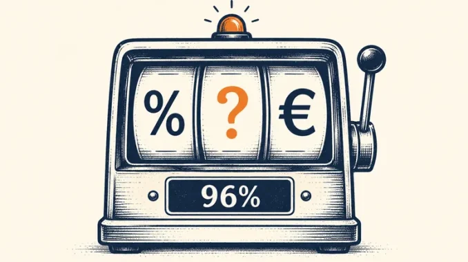 Slot machine stilizzata con rulli che mostrano i simboli percentuale, punto interrogativo ed euro, e display con scritta 96%