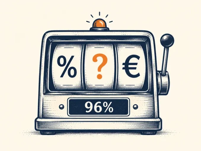 Slot machine stilizzata con rulli che mostrano i simboli percentuale, punto interrogativo ed euro, e display con scritta 96%