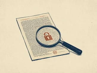 Documento con caratteri piccoli e lente di ingrandimento che rivela un lucchetto, illustrazione stile xilografia