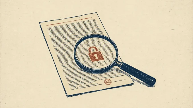 Documento con caratteri piccoli e lente di ingrandimento che rivela un lucchetto, illustrazione stile xilografia