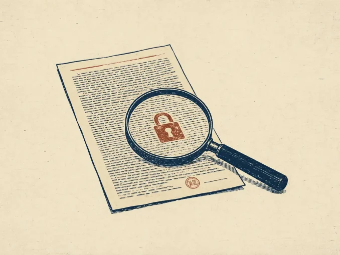 Documento con caratteri piccoli e lente di ingrandimento che rivela un lucchetto, illustrazione stile xilografia