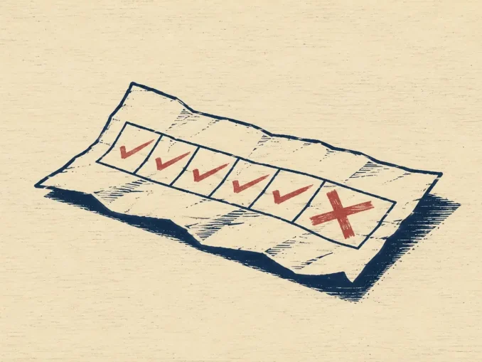 Schedina con una serie di spunte che termina in un segno di croce, illustrazione in stile xilografia