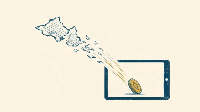 Illustrazione di un modulo cartaceo che si dissolve mentre una moneta d'oro cade dentro uno schermo, simbolo dell'accredito automatico delle vincite di gioco online