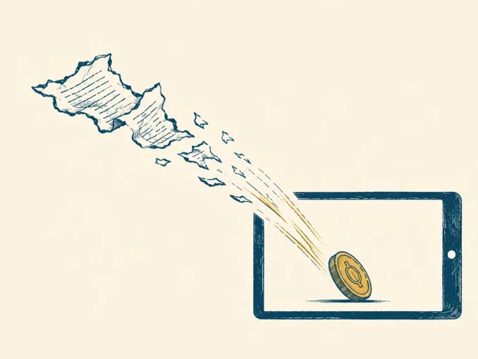 Illustrazione di un modulo cartaceo che si dissolve mentre una moneta d'oro cade dentro uno schermo, simbolo dell'accredito automatico delle vincite di gioco online