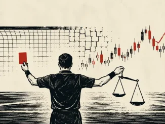Illustrazione stile xilografia di un arbitro visto di spalle con cartellino rosso in una mano e bilancia della giustizia nell'altra, sullo sfondo porta da calcio e grafico a candele in forte rialzo, simbolo dello scandalo scommesse al Mondiale 2026