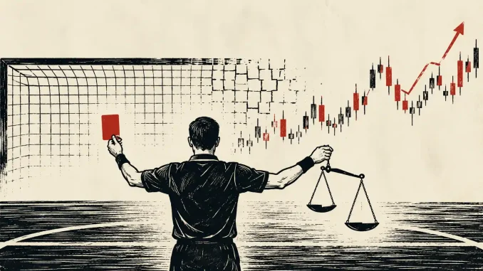 Illustrazione stile xilografia di un arbitro visto di spalle con cartellino rosso in una mano e bilancia della giustizia nell'altra, sullo sfondo porta da calcio e grafico a candele in forte rialzo, simbolo dello scandalo scommesse al Mondiale 2026