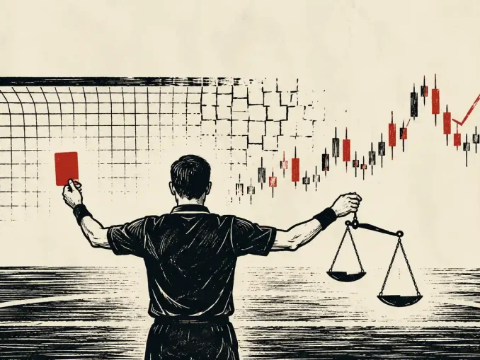 Illustrazione stile xilografia di un arbitro visto di spalle con cartellino rosso in una mano e bilancia della giustizia nell'altra, sullo sfondo porta da calcio e grafico a candele in forte rialzo, simbolo dello scandalo scommesse al Mondiale 2026