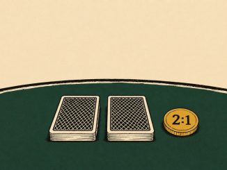 Due carte coperte e una moneta con scritta 2:1 sul tavolo verde del Pontoon, variante blackjack