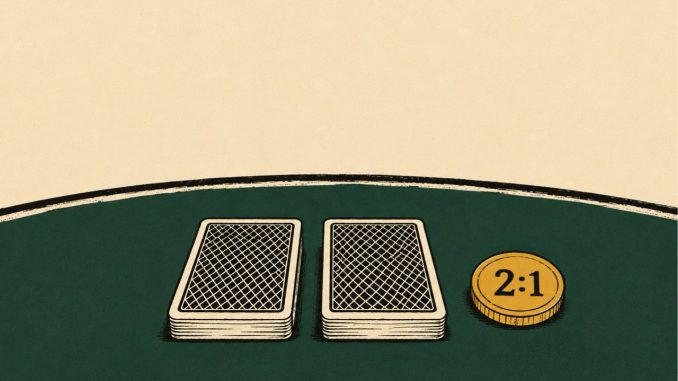Due carte coperte e una moneta con scritta 2:1 sul tavolo verde del Pontoon, variante blackjack