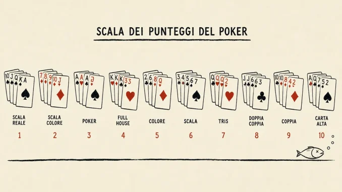 Infografica con le dieci mani del poker in ordine di forza, da scala reale a carta alta, illustrazione in stile inciso su sfondo crema