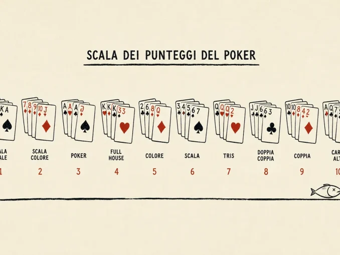 Infografica con le dieci mani del poker in ordine di forza, da scala reale a carta alta, illustrazione in stile inciso su sfondo crema