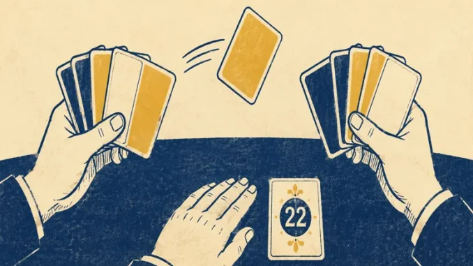 Illustrazione stile incisione di due mani che scambiano una carta da gioco sopra un tavolo da blackjack, con una carta "22" sul tavolo