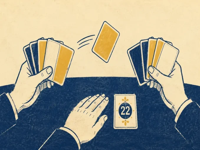 Illustrazione stile incisione di due mani che scambiano una carta da gioco sopra un tavolo da blackjack, con una carta "22" sul tavolo