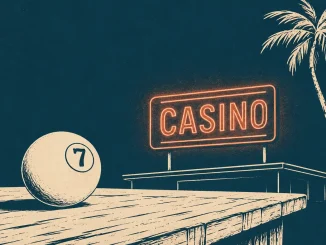 Illustrazione stile incisione di un'insegna neon "Casino", una palma e una pallina numerata in primo piano