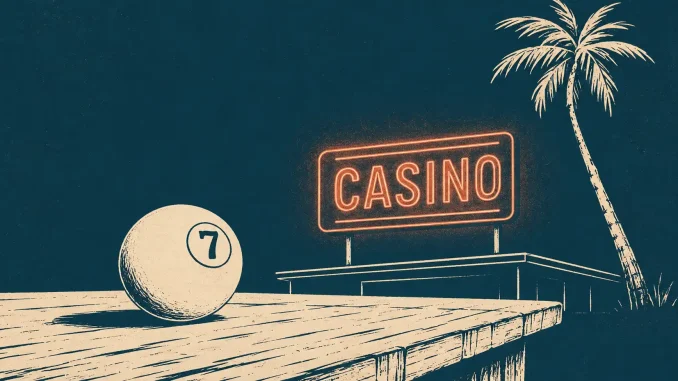 Illustrazione stile incisione di un'insegna neon "Casino", una palma e una pallina numerata in primo piano