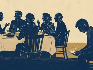 Silhouette di una cena in famiglia con una persona seduta in disparte che guarda lo smartphone, isolata dal resto del gruppo
