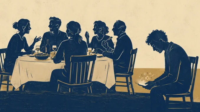 Silhouette di una cena in famiglia con una persona seduta in disparte che guarda lo smartphone, isolata dal resto del gruppo