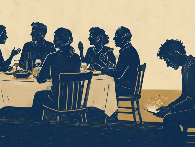 Silhouette di una cena in famiglia con una persona seduta in disparte che guarda lo smartphone, isolata dal resto del gruppo