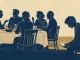 Silhouette di una cena in famiglia con una persona seduta in disparte che guarda lo smartphone, isolata dal resto del gruppo