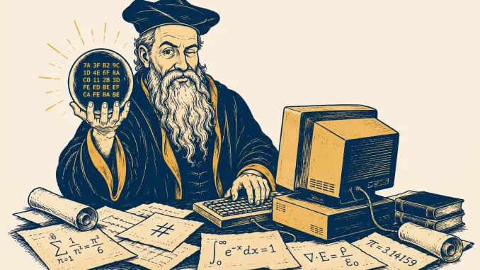 Illustrazione di un profeta al computer che prevede il provably fair guardando una sfera di cristallo con un hash
