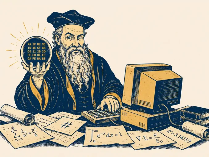 Illustrazione di un profeta al computer che prevede il provably fair guardando una sfera di cristallo con un hash
