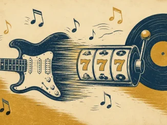 Chitarra elettrica stilizzata che si trasforma in rullo di slot machine con vinile sullo sfondo, illustrazione stile incisione