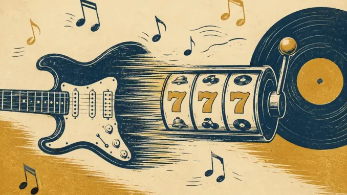 Chitarra elettrica stilizzata che si trasforma in rullo di slot machine con vinile sullo sfondo, illustrazione stile incisione