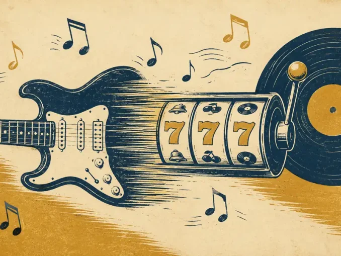 Chitarra elettrica stilizzata che si trasforma in rullo di slot machine con vinile sullo sfondo, illustrazione stile incisione