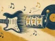 Chitarra elettrica stilizzata che si trasforma in rullo di slot machine con vinile sullo sfondo, illustrazione stile incisione