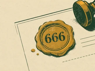 Illustrazione di un sigillo di ceralacca con inciso il numero 666 su un documento, timbro burocratico applicato accanto a righe tratteggiate per una firma