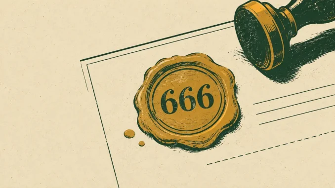 Illustrazione di un sigillo di ceralacca con inciso il numero 666 su un documento, timbro burocratico applicato accanto a righe tratteggiate per una firma