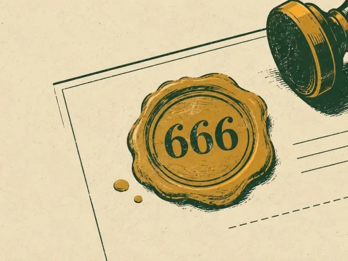 Illustrazione di un sigillo di ceralacca con inciso il numero 666 su un documento, timbro burocratico applicato accanto a righe tratteggiate per una firma