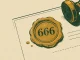 Illustrazione di un sigillo di ceralacca con inciso il numero 666 su un documento, timbro burocratico applicato accanto a righe tratteggiate per una firma