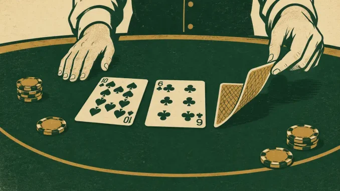Mani di un dealer al tavolo di Double Exposure Blackjack con le due carte del banco scoperte (10 e 6) e una terza carta che si sta girando a faccia in su, illustrazione stile stampa