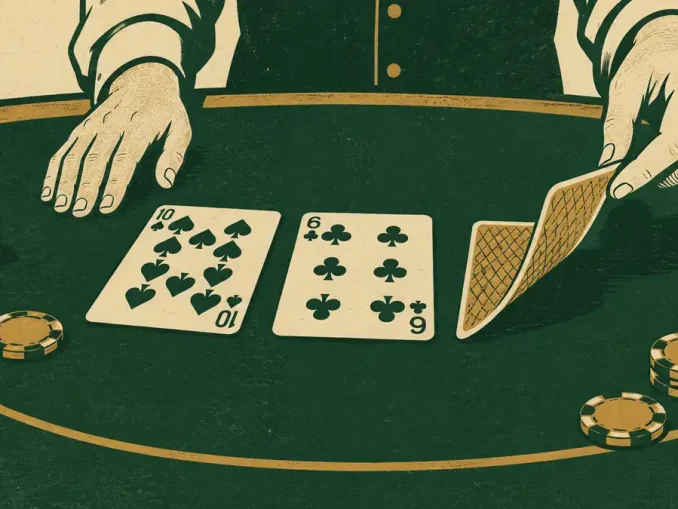 Mani di un dealer al tavolo di Double Exposure Blackjack con le due carte del banco scoperte (10 e 6) e una terza carta che si sta girando a faccia in su, illustrazione stile stampa