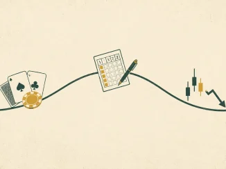 Illustrazione di una curva che sale e scende con carte da poker e fiche, schedina del Totocalcio con penna, e grafico a candele in calo, a rappresentare il ciclo di ascesa e declino delle mode nel gioco